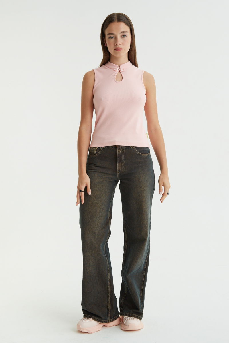 Jean wide leg tiro alto de denim rigido en color ocre. 