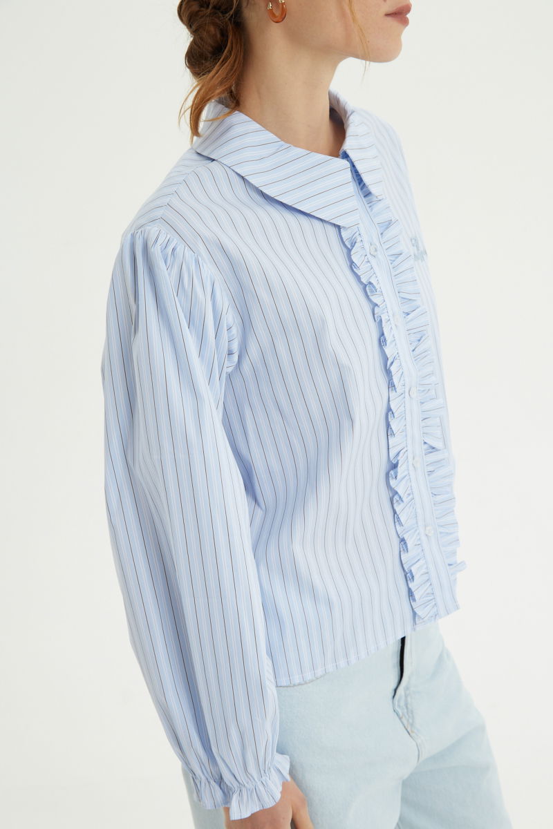 Camisa rayada de algodón recta con mangas amplias y cartera con volados. 