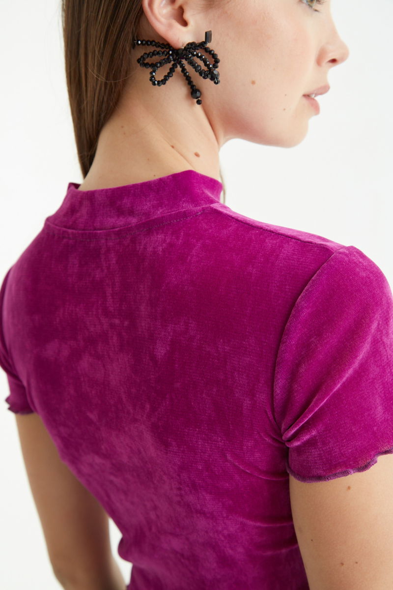 Remera al cuerpo de velvet corta a la cintura de mangas cortas y cuello alto con bordado roulotte en mangas y ruedo. 
