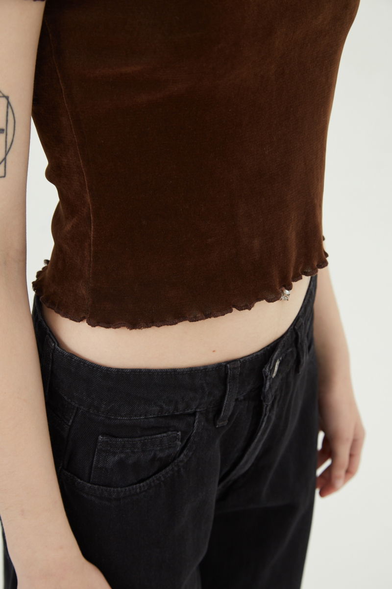 Remera marron al cuerpo de velvet corta a la cintura de mangas cortas y cuello alto con bordado roulotte en mangas y ruedo. 
