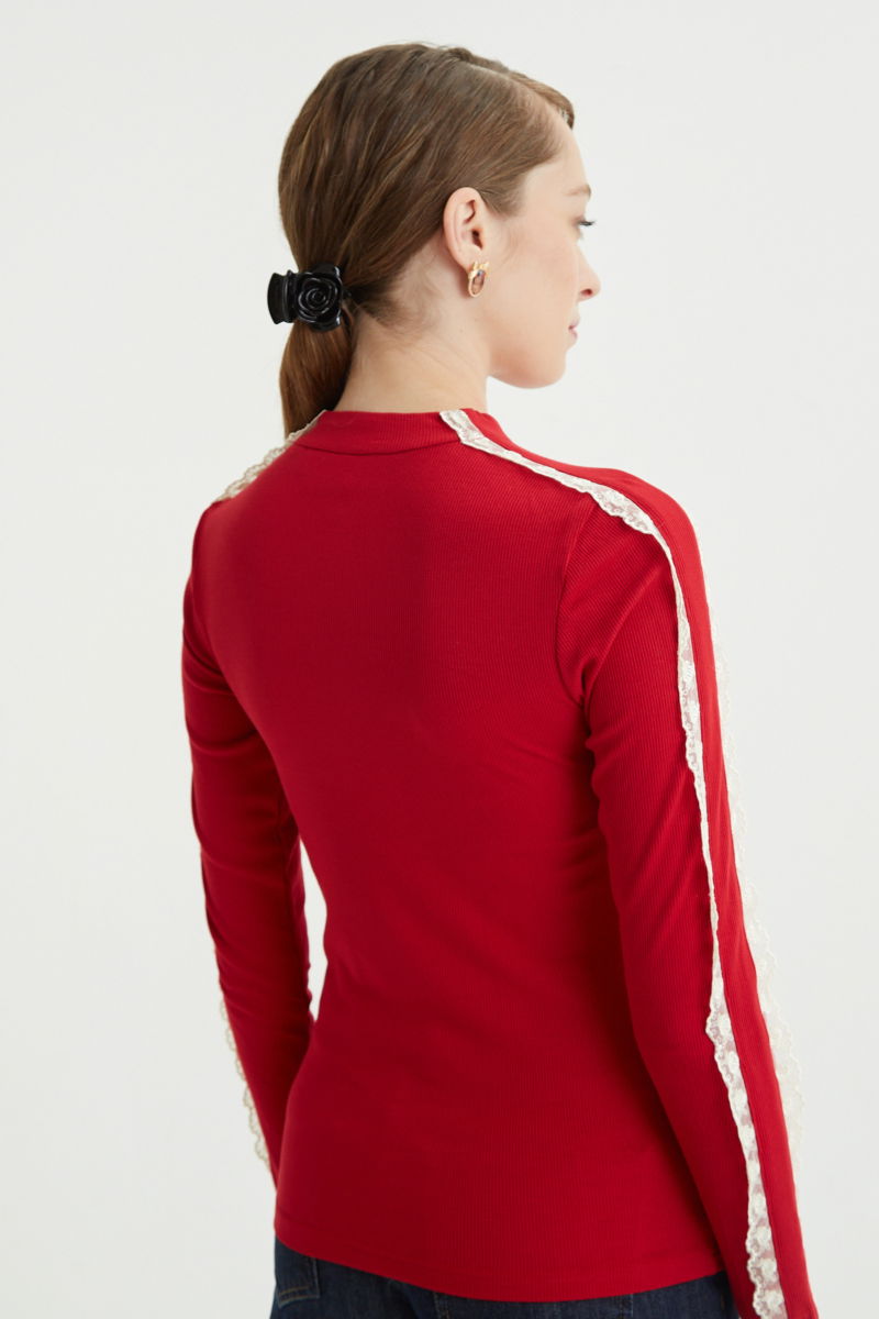 Polera roja de morley al cuerpo y larga a la cadera con cuello media polera y puntilla en cuello y mangas. 
