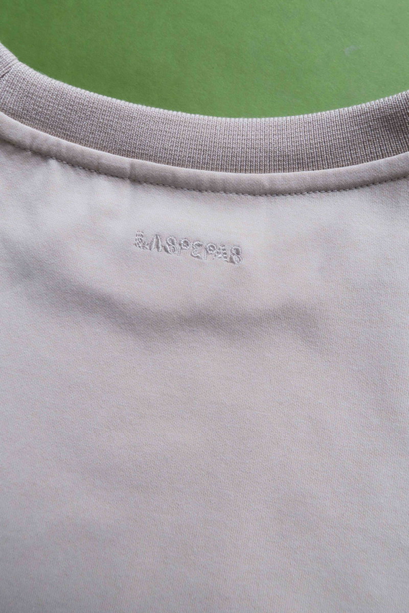 Remera beige crop de algodón recta, de mangas cortas y cuello redondo. 