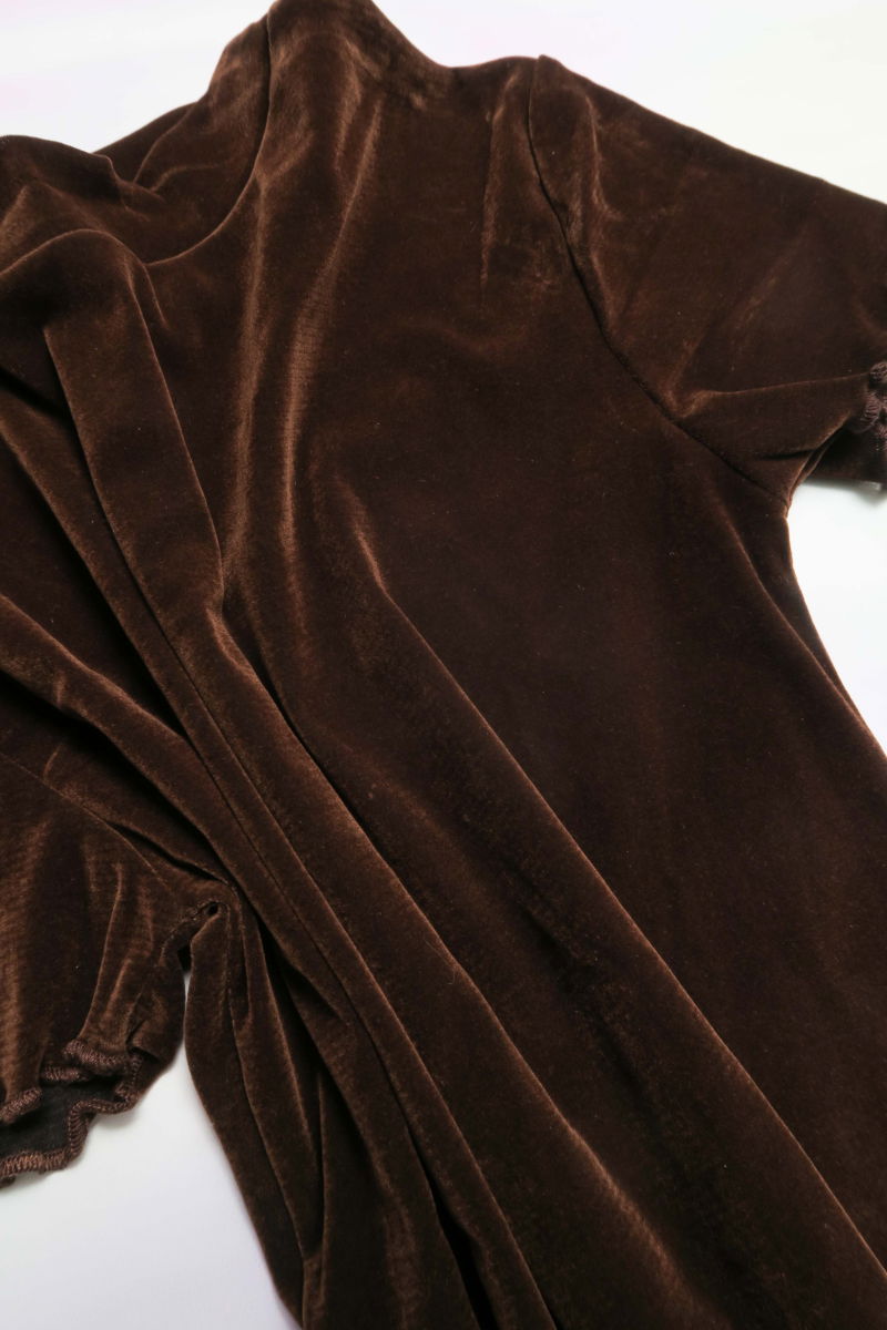 Remera marron al cuerpo de velvet corta a la cintura de mangas cortas y cuello alto con bordado roulotte en mangas y ruedo. 
